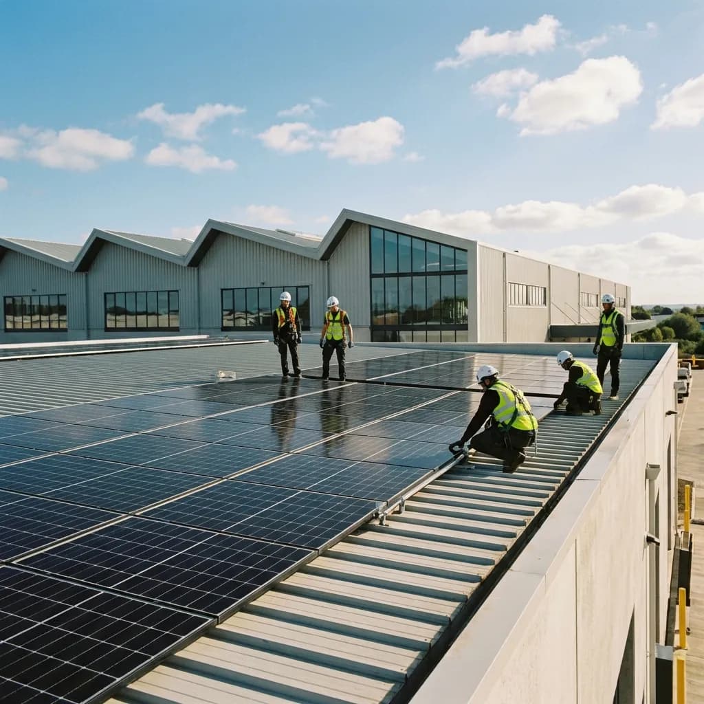 Solar panel installation on commercial rooftop