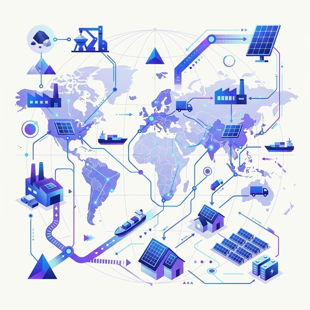 Editorial illustration of solar proposal documents and buyer decision flow.